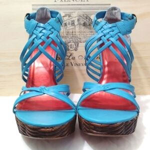 Vintage Diba Barbra Heels Turquoise Strappy Brazilian Leather Woven Design US 8